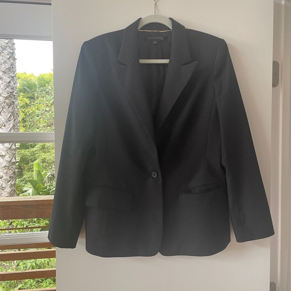 Anne Klein Single Button Long‎ Blazer Jacket in Black, Size 14